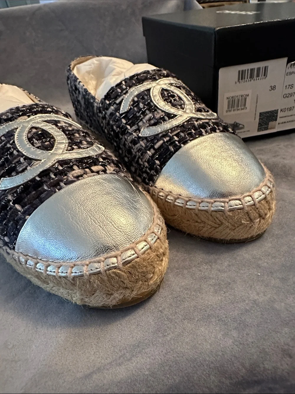 CHANEL Tweed Espadrilles with Silver Cap Toes